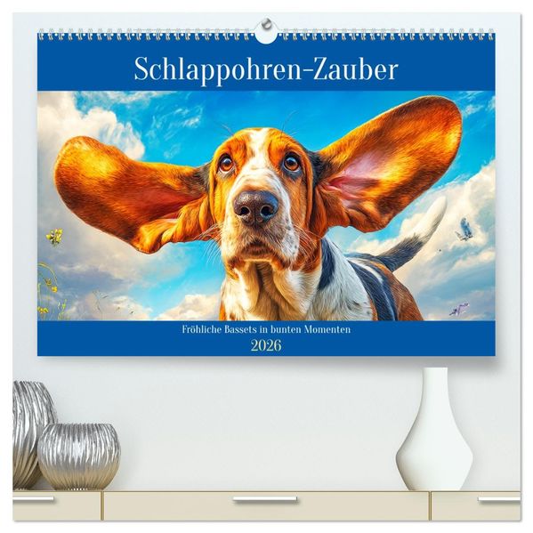 Schlappohren-Zauber. Fröhliche Bassets in bunten Momenten (hochwertiger Premium Wandkalender 2026 DIN A2 quer) Kunstdruck in Hochglanz