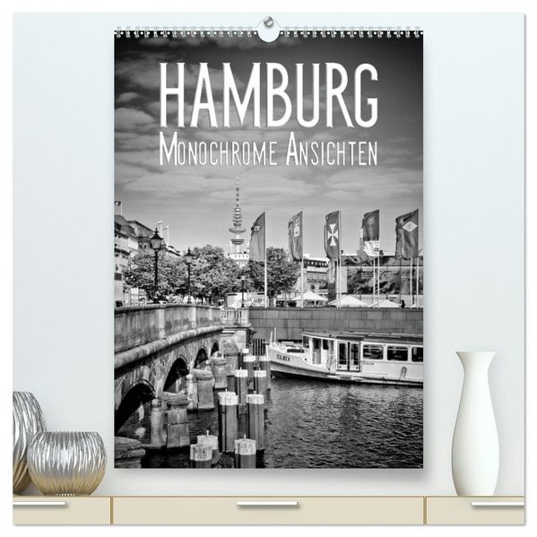HAMBURG Monochrome Ansichten (hochwertiger Premium Wandkalender 2026 DIN A2 hoch) Kunstdruck in Hochglanz