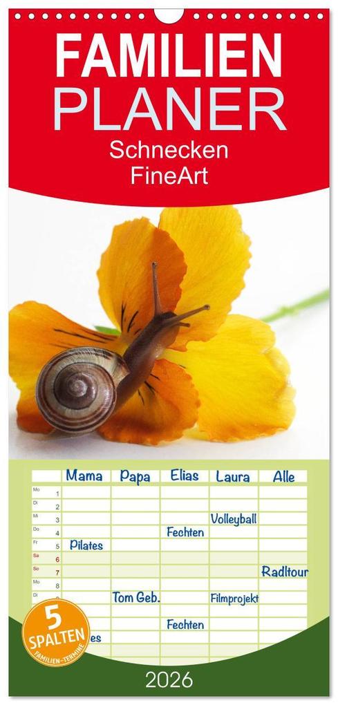 Familienplaner 2026 - Schnecken FineArt mit 5 Spalten (Wandkalender 21 x 45 cm) CALVENDO