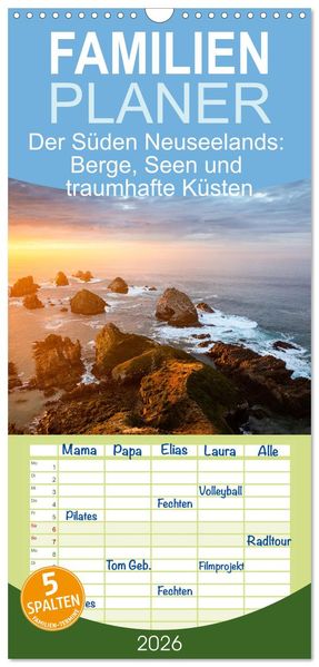 Familienplaner 2026 - Der Süden Neuseelands: Berge Seen und traumhafte Küsten mit 5 Spalten (Wandkalender 21 x 45 cm) CALVENDO