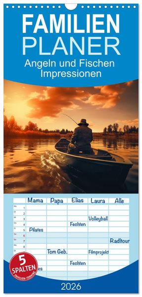 Familienplaner 2026 - Angeln und Fischen Impressionen mit 5 Spalten (Wandkalender 21 x 45 cm) CALVENDO