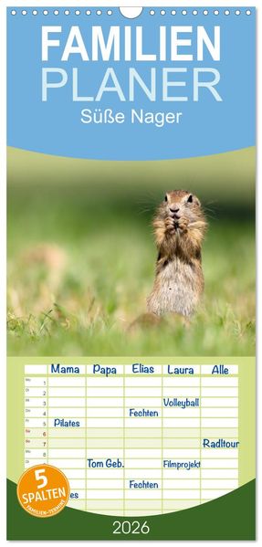 Familienplaner 2026 - Süße Nager mit 5 Spalten (Wandkalender 21 x 45 cm) CALVENDO