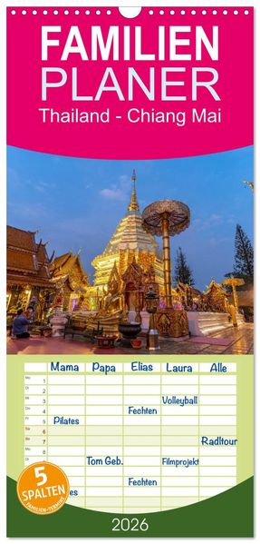 Familienplaner 2026 - Thailand - Chiang Mai mit 5 Spalten (Wandkalender 21 x 45 cm) CALVENDO