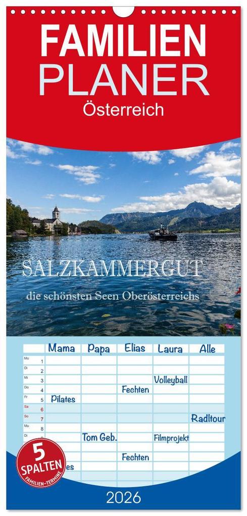 Familienplaner 2026 - Salzkammergut - Die schönsten Seen Oberösterreichs mit 5 Spalten (Wandkalender 21 x 45 cm) CALVENDO