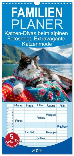 Familienplaner 2026 - Katzen-Divas beim alpinen Fotoshoot. Extravagante Katzenmode mit 5 Spalten (Wandkalender 21 x 45 cm) CALVENDO
