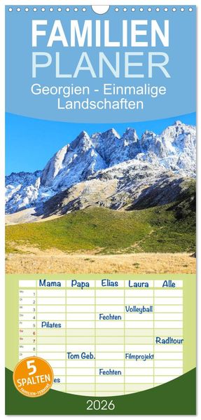 Familienplaner 2026 - Georgien - Einmalige Landschaften mit 5 Spalten (Wandkalender 21 x 45 cm) CALVENDO