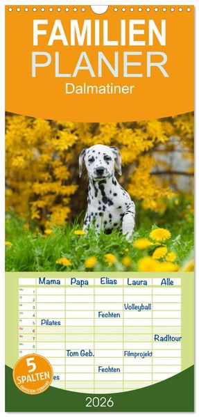 Familienplaner 2026 - Dalmatiner mit 5 Spalten (Wandkalender 21 x 45 cm) CALVENDO