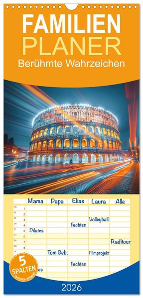 Familienplaner 2026 - Berühmte Wahrzeichen mit 5 Spalten (Wandkalender 21 x 45 cm) CALVENDO