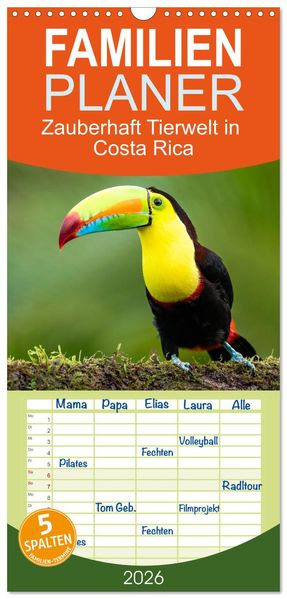 Familienplaner 2026 - Zauberhaft Tierwelt in Costa Rica mit 5 Spalten (Wandkalender 21 x 45 cm) CALVENDO