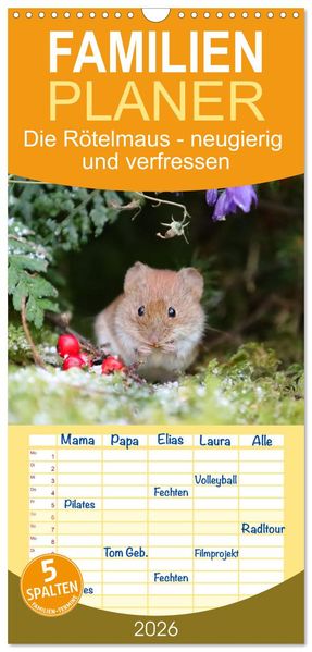 Familienplaner 2026 - Die Rötelmaus - neugierig und verfressen mit 5 Spalten (Wandkalender 21 x 45 cm) CALVENDO