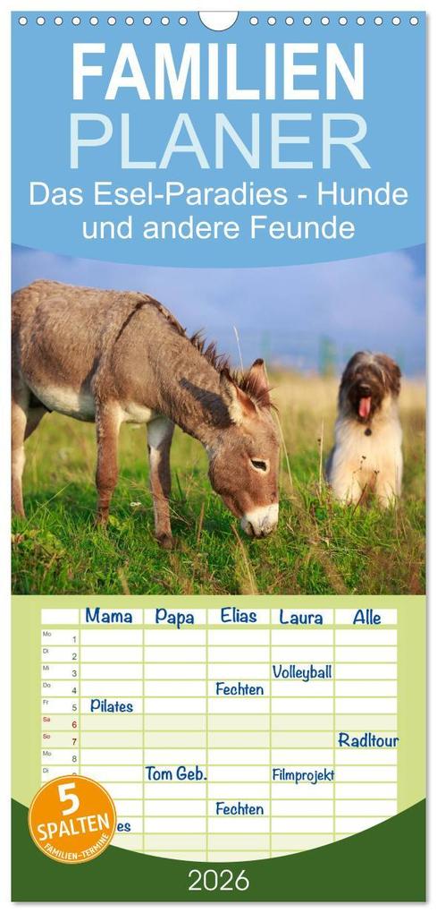 Familienplaner 2026 - Das Esel-Paradies - Hunde und andere Feunde mit 5 Spalten (Wandkalender 21 x 45 cm) CALVENDO