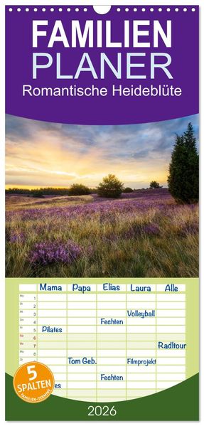 Familienplaner 2026 - Romantische Heideblüte mit 5 Spalten (Wandkalender 21 x 45 cm) CALVENDO