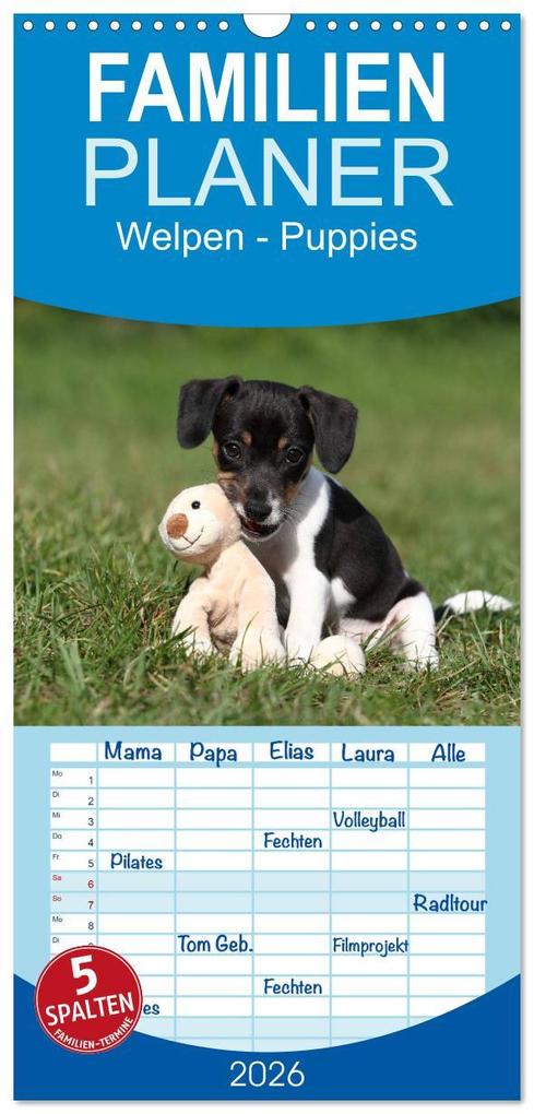 Familienplaner 2026 - Welpen - Puppies mit 5 Spalten (Wandkalender 21 x 45 cm) CALVENDO