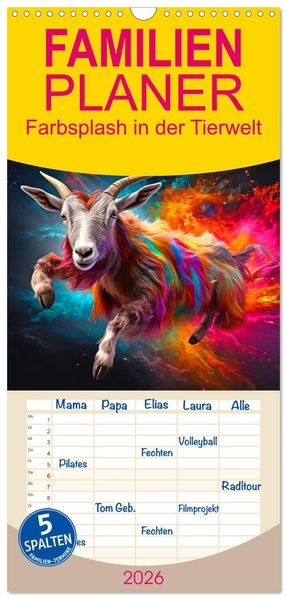 Familienplaner 2026 - Farbsplash in der Tierwelt mit 5 Spalten (Wandkalender 21 x 45 cm) CALVENDO