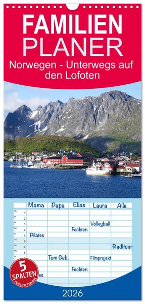 Familienplaner 2026 - Norwegen - Unterwegs auf den Lofoten mit 5 Spalten (Wandkalender 21 x 45 cm) CALVENDO