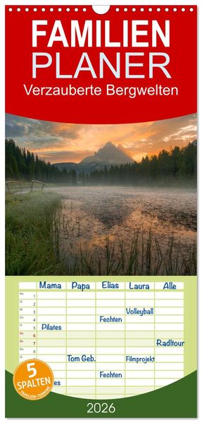 Familienplaner 2026 - Verzauberte Bergwelten mit 5 Spalten (Wandkalender 21 x 45 cm) CALVENDO
