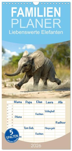 Familienplaner 2026 - Liebenswerte Elefanten mit 5 Spalten (Wandkalender 21 x 45 cm) CALVENDO