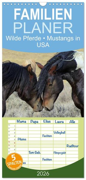 Familienplaner 2026 - Wilde Pferde Mustangs in USA mit 5 Spalten (Wandkalender 21 x 45 cm) CALVENDO