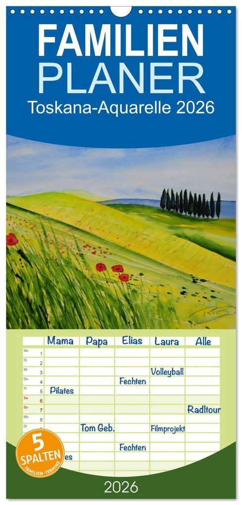 Familienplaner 2026 - Toskana-Aquarelle 2026 mit 5 Spalten (Wandkalender 21 x 45 cm) CALVENDO