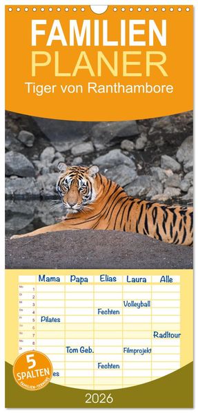 Familienplaner 2026 - Tiger von Ranthambore mit 5 Spalten (Wandkalender 21 x 45 cm) CALVENDO