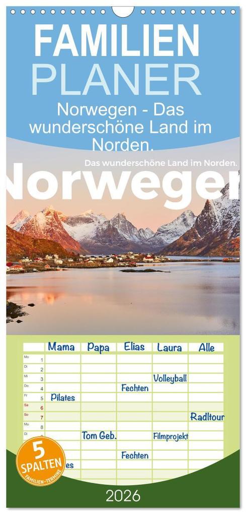 Familienplaner 2026 - Norwegen - Das wunderschöne Land im Norden. mit 5 Spalten (Wandkalender 21 x 45 cm) CALVENDO