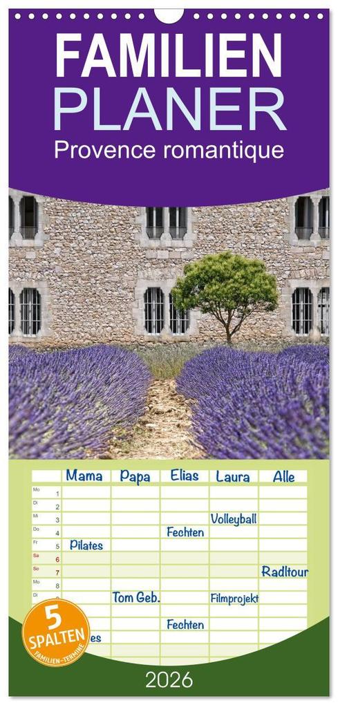 Familienplaner 2026 - Provence romantique mit 5 Spalten (Wandkalender 21 x 45 cm) CALVENDO