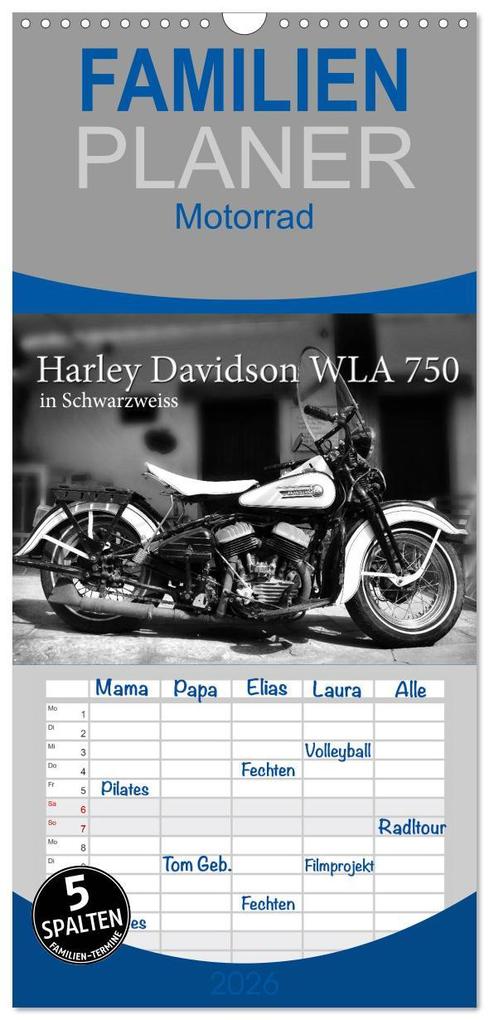 Familienplaner 2026 - Harley Davidson WLA 750 in Schwarzweiss mit 5 Spalten (Wandkalender 21 x 45 cm) CALVENDO