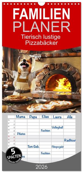 Familienplaner 2026 - Tierisch lustige Pizzabäcker mit 5 Spalten (Wandkalender 21 x 45 cm) CALVENDO
