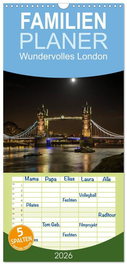 Familienplaner 2026 - Wundervolles London mit 5 Spalten (Wandkalender 21 x 45 cm) CALVENDO