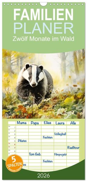 Familienplaner 2026 - Zwölf Monate im Wald mit 5 Spalten (Wandkalender 21 x 45 cm) CALVENDO