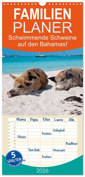 Familienplaner 2026 - Schwimmende Schweine auf den Bahamas! mit 5 Spalten (Wandkalender 21 x 45 cm) CALVENDO