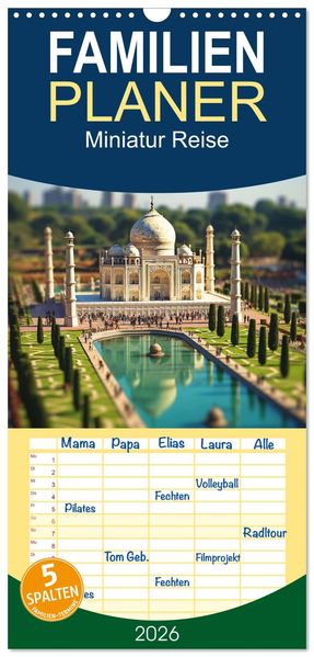 Familienplaner 2026 - Miniatur Reise mit 5 Spalten (Wandkalender 21 x 45 cm) CALVENDO
