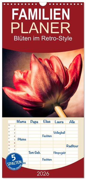 Familienplaner 2026 - Blüten im Retro-Style mit 5 Spalten (Wandkalender 21 x 45 cm) CALVENDO