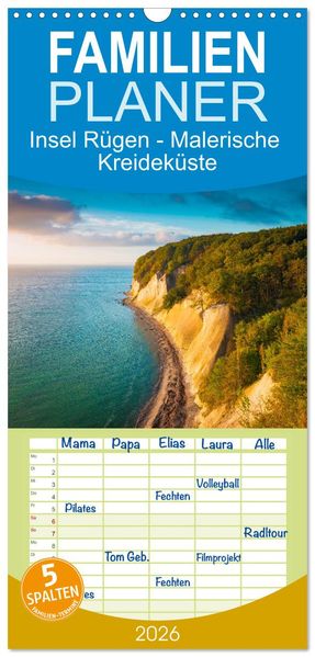 Familienplaner 2026 - Insel Rügen - Malerische Kreideküste mit 5 Spalten (Wandkalender 21 x 45 cm) CALVENDO