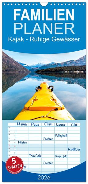 Familienplaner 2026 - Kajak - Ruhige Gewässer mit 5 Spalten (Wandkalender 21 x 45 cm) CALVENDO