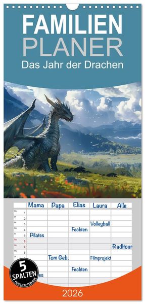 Familienplaner 2026 - Das Jahr der Drachen mit 5 Spalten (Wandkalender 21 x 45 cm) CALVENDO