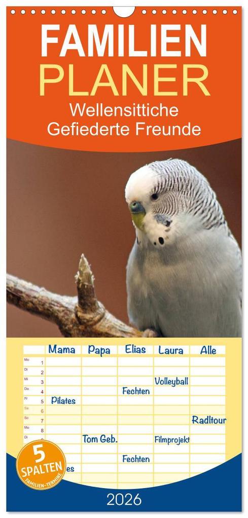 Familienplaner 2026 - Wellensittiche - Gefiederte Freunde mit 5 Spalten (Wandkalender 21 x 45 cm) CALVENDO