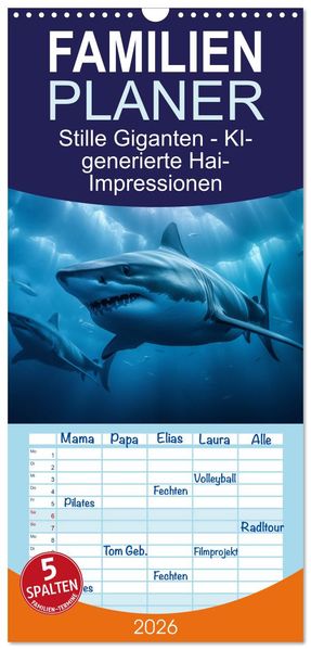 Familienplaner 2026 - Stille Giganten - KI-generierte Hai-Impressionen mit 5 Spalten (Wandkalender 21 x 45 cm) CALVENDO