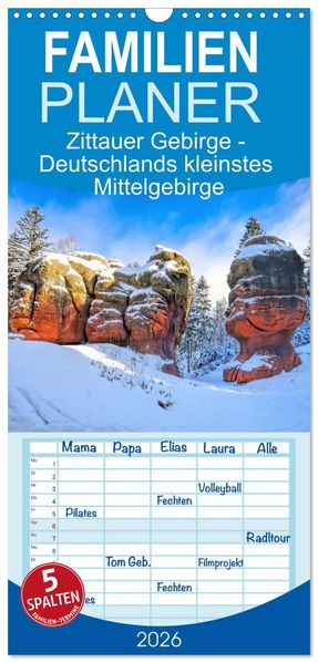 Familienplaner 2026 - Zittauer Gebirge - Deutschlands kleinstes Mittelgebirge mit 5 Spalten (Wandkalender 21 x 45 cm) CALVENDO