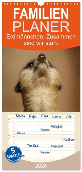 Familienplaner 2026 - Erdmännchen: Zusammen sind wir stark mit 5 Spalten (Wandkalender 21 x 45 cm) CALVENDO