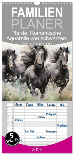 Familienplaner 2026 - Pferde. Romantische Aquarelle von schwarzen Schönheiten mit 5 Spalten (Wandkalender 21 x 45 cm) CALVENDO