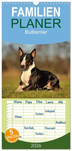 Familienplaner 2026 - Bullterrier 2026 - Kleine Clowns mit großem Herz mit 5 Spalten (Wandkalender 21 x 45 cm) CALVENDO