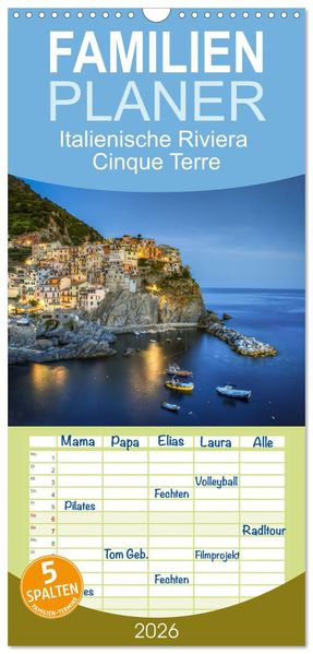 Familienplaner 2026 - Italienische Riviera Cinque Terre mit 5 Spalten (Wandkalender 21 x 45 cm) CALVENDO