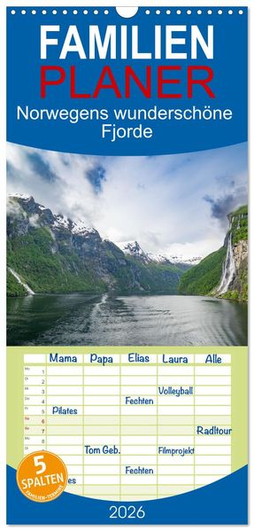 Familienplaner 2026 - Norwegens wunderschöne Fjorde mit 5 Spalten (Wandkalender 21 x 45 cm) CALVENDO
