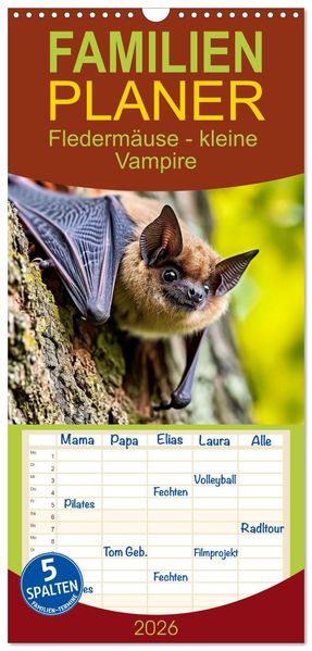 Familienplaner 2026 - Fledermäuse - kleine Vampire mit 5 Spalten (Wandkalender 21 x 45 cm) CALVENDO
