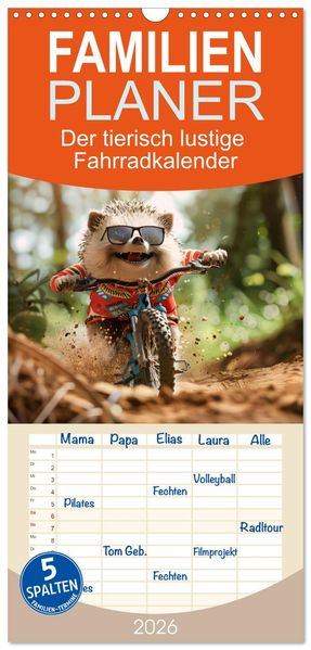 Familienplaner 2026 - Der tierisch lustige Fahrradkalender mit 5 Spalten (Wandkalender 21 x 45 cm) CALVENDO