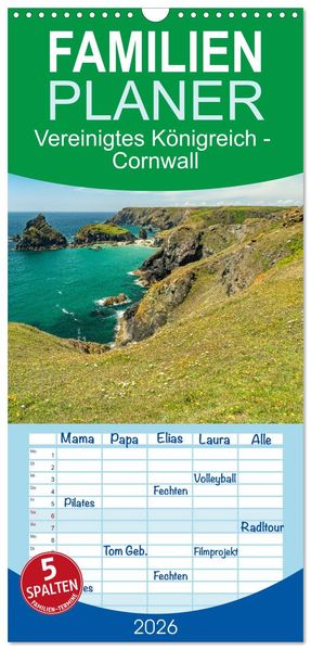 Familienplaner 2026 - Vereinigtes Königreich - Cornwall mit 5 Spalten (Wandkalender 21 x 45 cm) CALVENDO