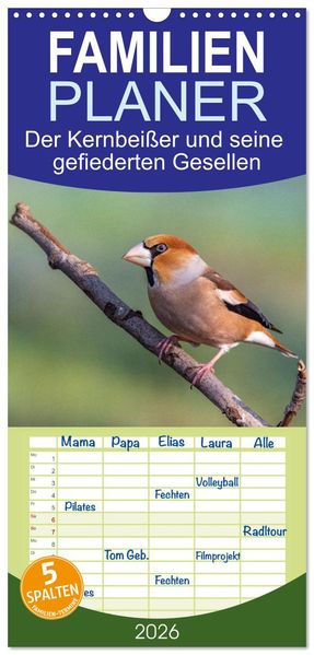 Familienplaner 2026 - Der Kernbeißer und seine gefiederten Gesellen mit 5 Spalten (Wandkalender 21 x 45 cm) CALVENDO