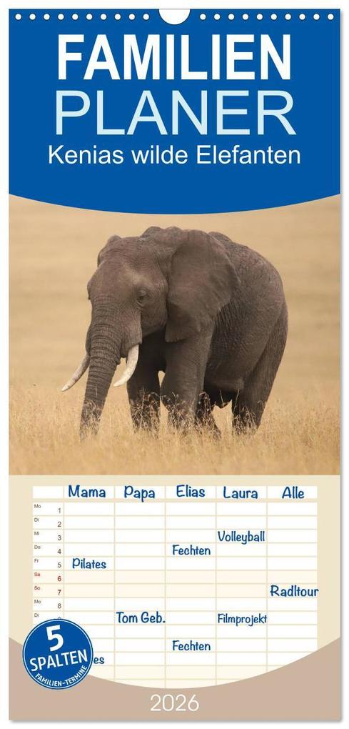 Familienplaner 2026 - Kenias wilde Elefanten mit 5 Spalten (Wandkalender 21 x 45 cm) CALVENDO
