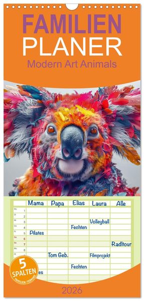Familienplaner 2026 - Modern Art Animals mit 5 Spalten (Wandkalender 21 x 45 cm) CALVENDO